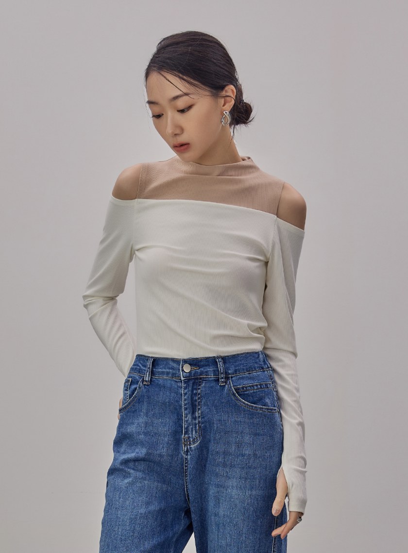 挖肩拼色細節長袖上衣